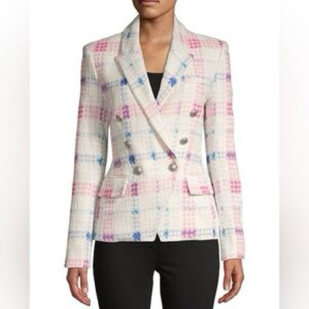 Maison Cinqcent Size M Tweed Button Blazer - White/Blue/Pink